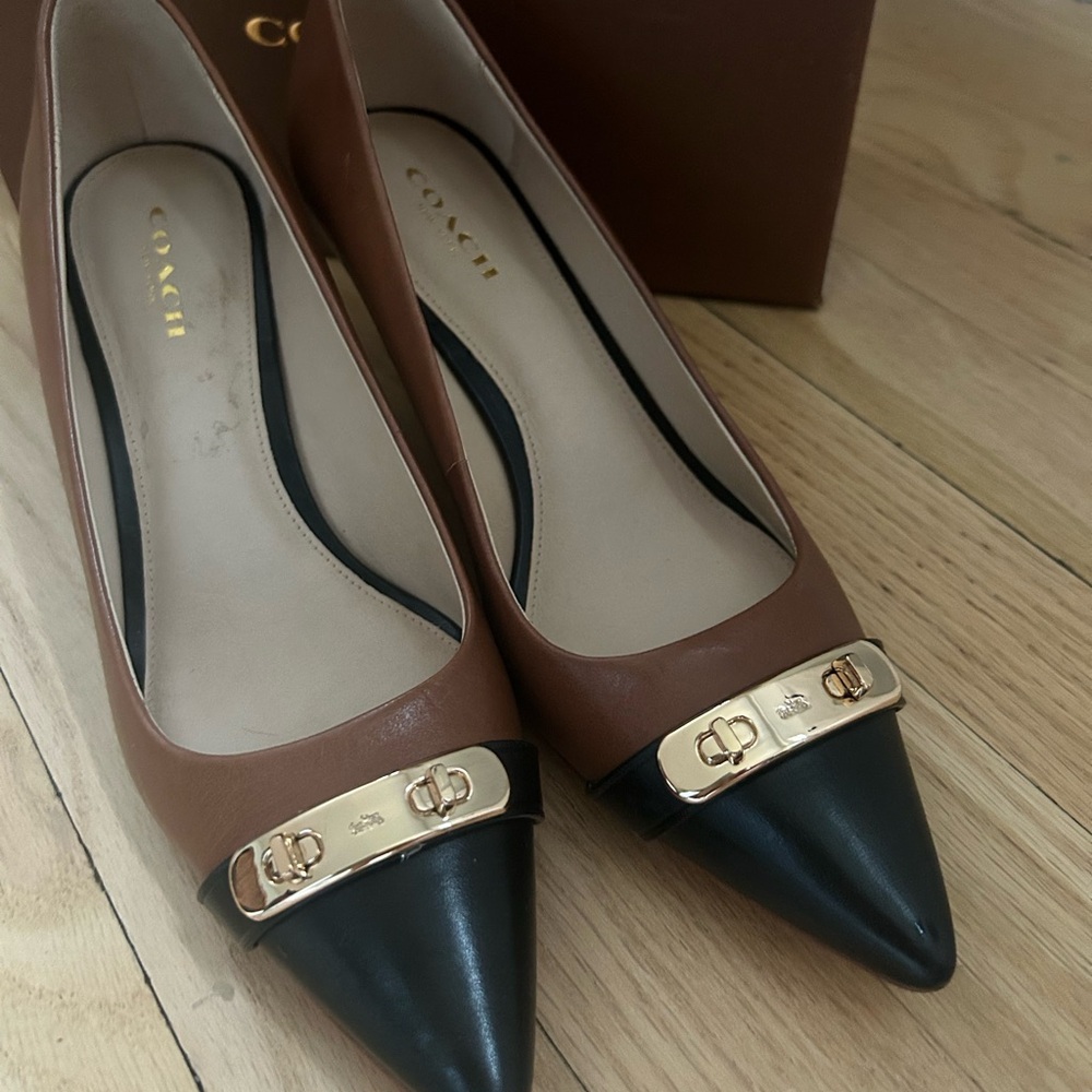 Coach Tan and Black Heels with Gold Accent